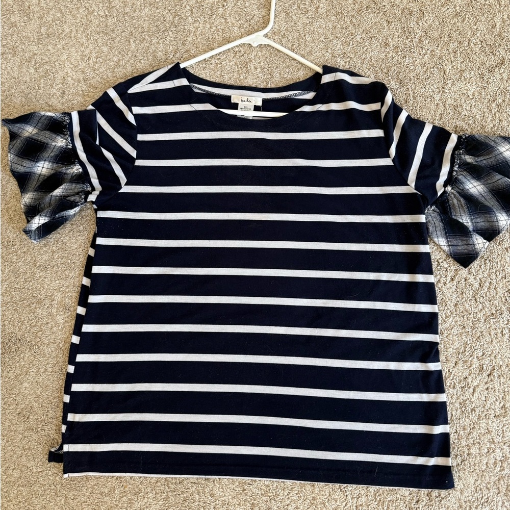 Kate Spade Striped Navy Top with Plaid Sleeves